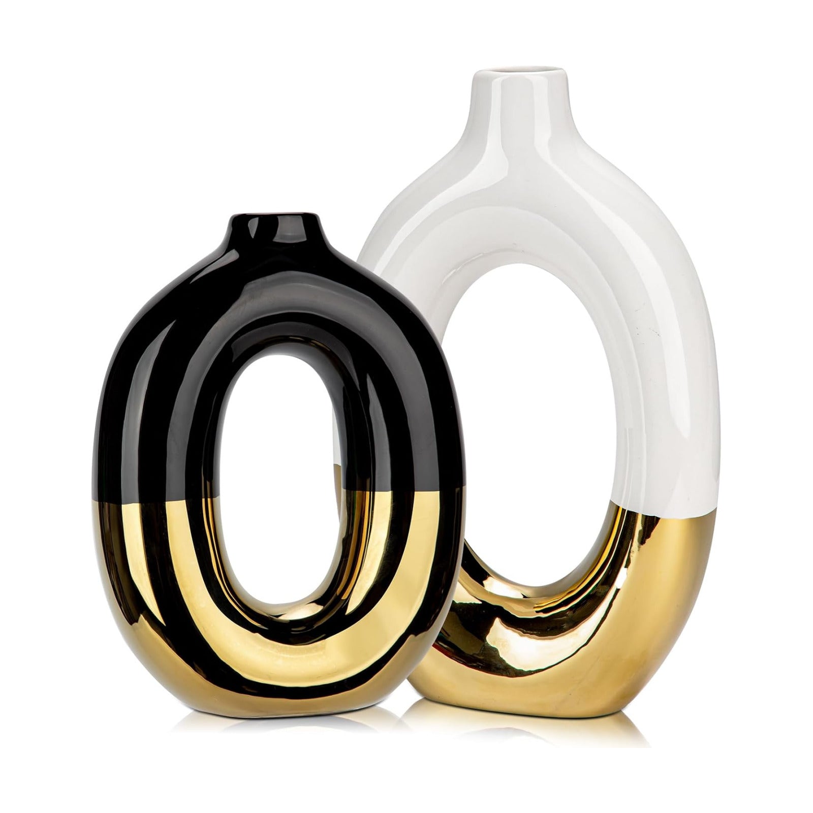 Black and White Vases Donut Vase Ceramic Vases for Flowers / Hollow / Black and White #2 / Set of 2