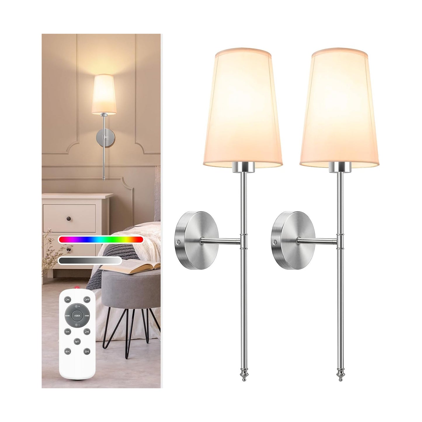 Brushed Nickel Battery Operated Wall Sconce Set of 2,Rechargeable Wall Lights with 10400mAh Dimmable Detachable Bulbs