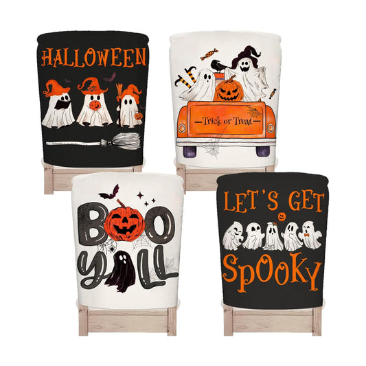 JarThenaAMCS 4Pcs Halloween Chair Covers Spooky Ghost Boo Y' All Seat Covers Washable Black Dining Chair Slipcover Protector for Home Kitchen Decor