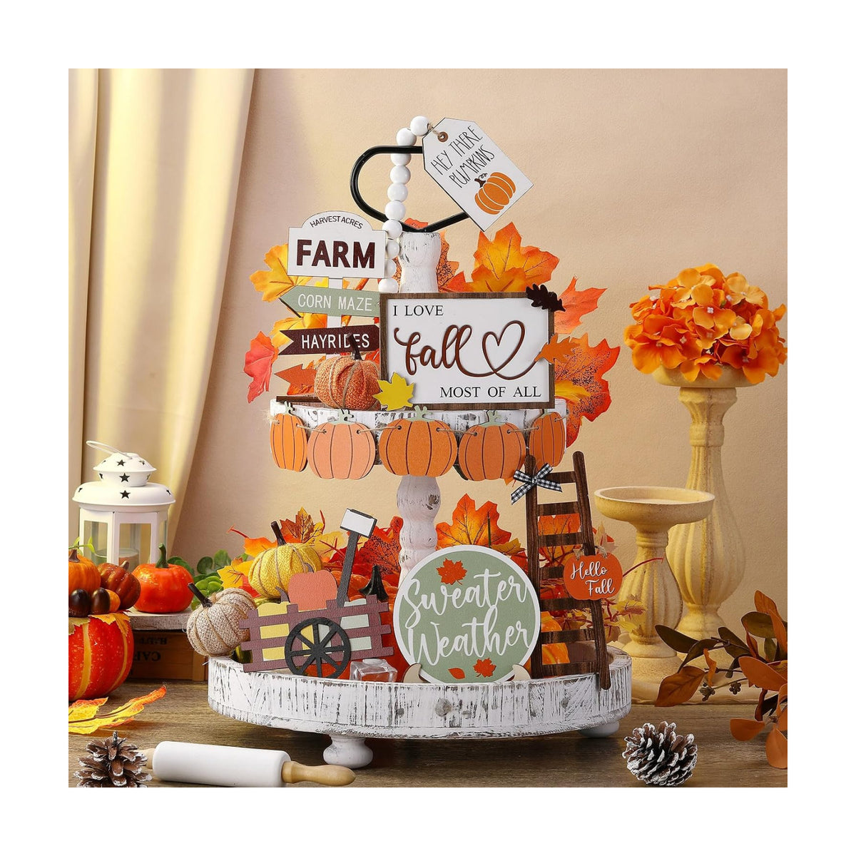 FairySandy 19 Pcs Fall Tiered Tray Decor Set, Sweater Weather