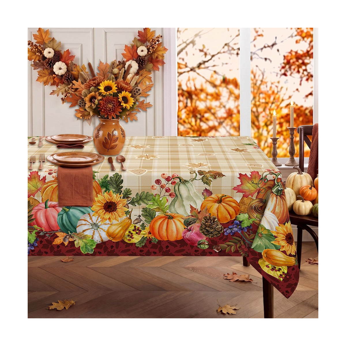 Fall Plaid Tablecloth Rectangle 60 x 120 Inch, Stain Resistant Washable Fabric Autumn Harvest Pumpkin Tablecloths Rectangular Fall Table Cloth Rectangle Table Cover for Kitchen Dining Party