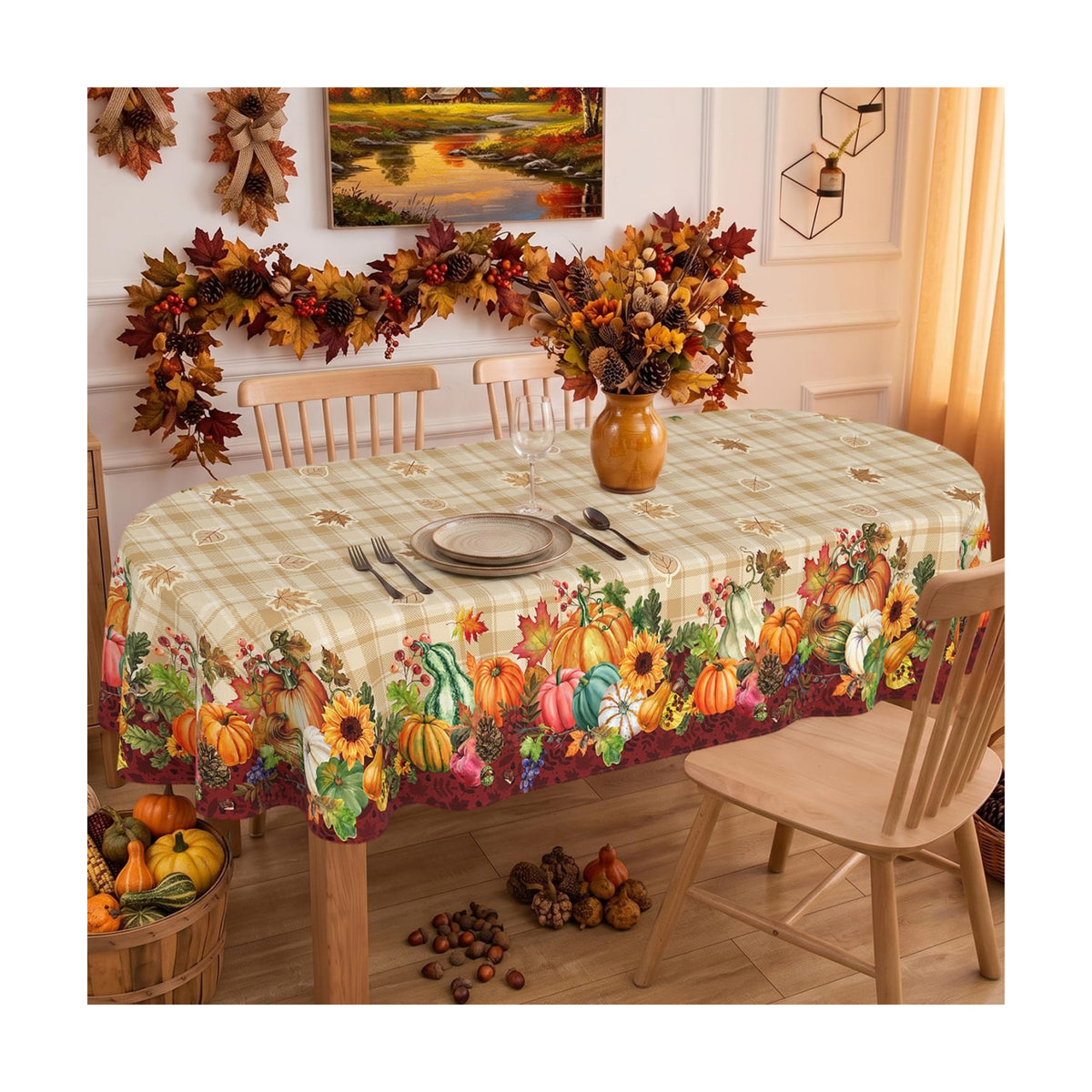 Fall Plaid Oval Tablecloth 60 x 84 Inch, Stain Resistant Washable Fabric Autumn Harvest Pumpkin Table Cloth Oval Fall Tablecloth Table Cover for Kitchen Dining Party