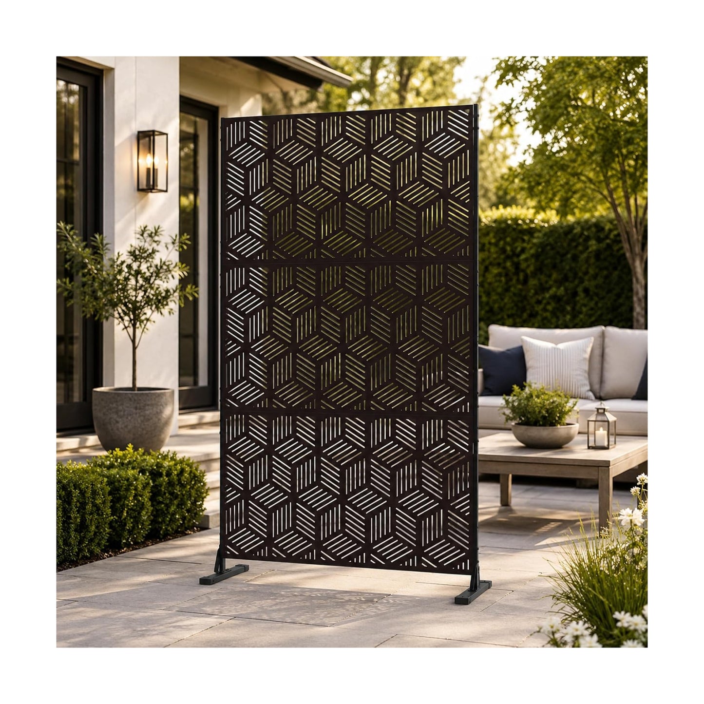 Kozyard Metal Privacy Screen 74" H x 47.2" W Decorative Outdoor Divider | with Stand Panels Freestanding Screen Set for