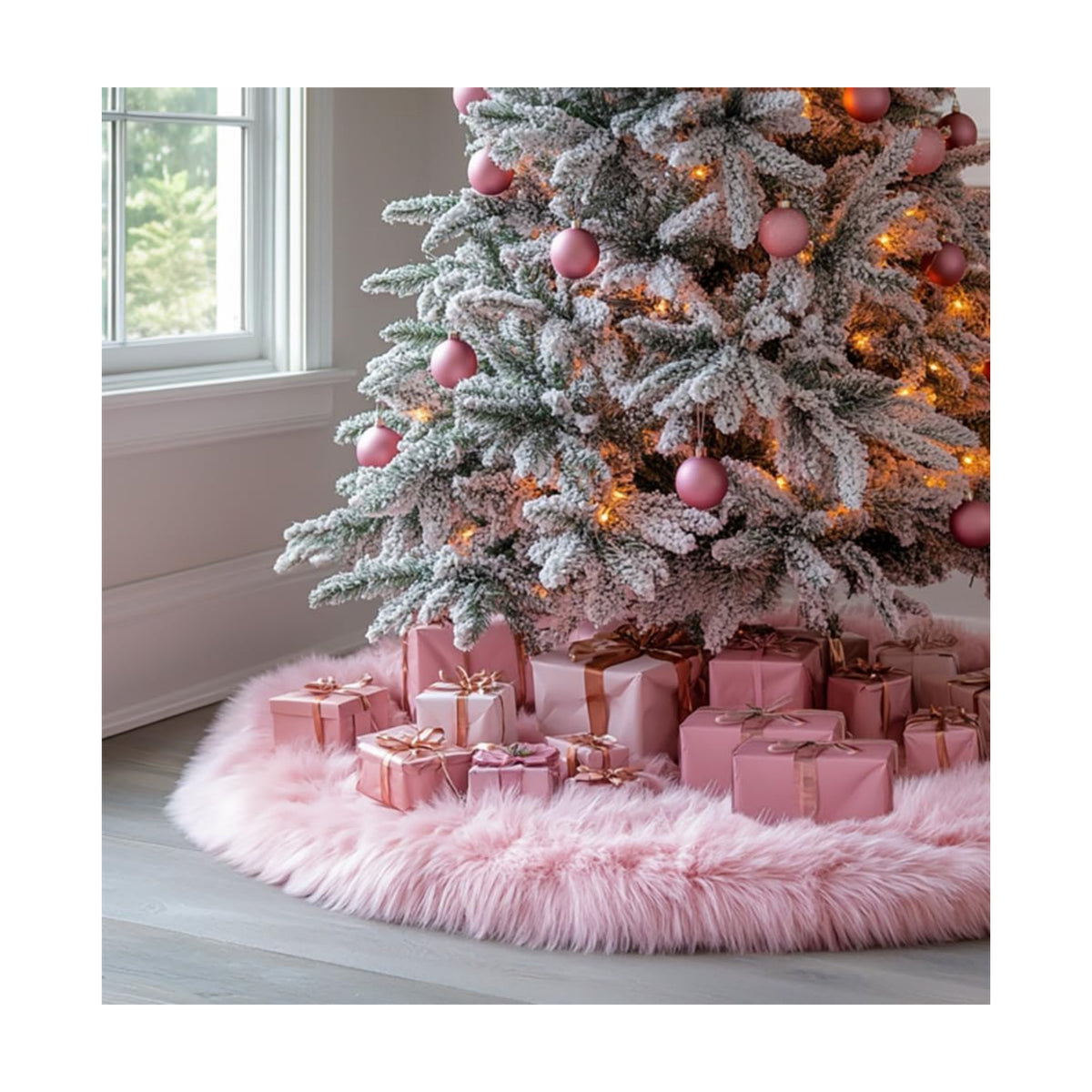 AOGU 60 Inch Faux Fur Christmas Tree Skirt Pink Plush Skirt for Merry Christmas Party Christmas Tree Decoration