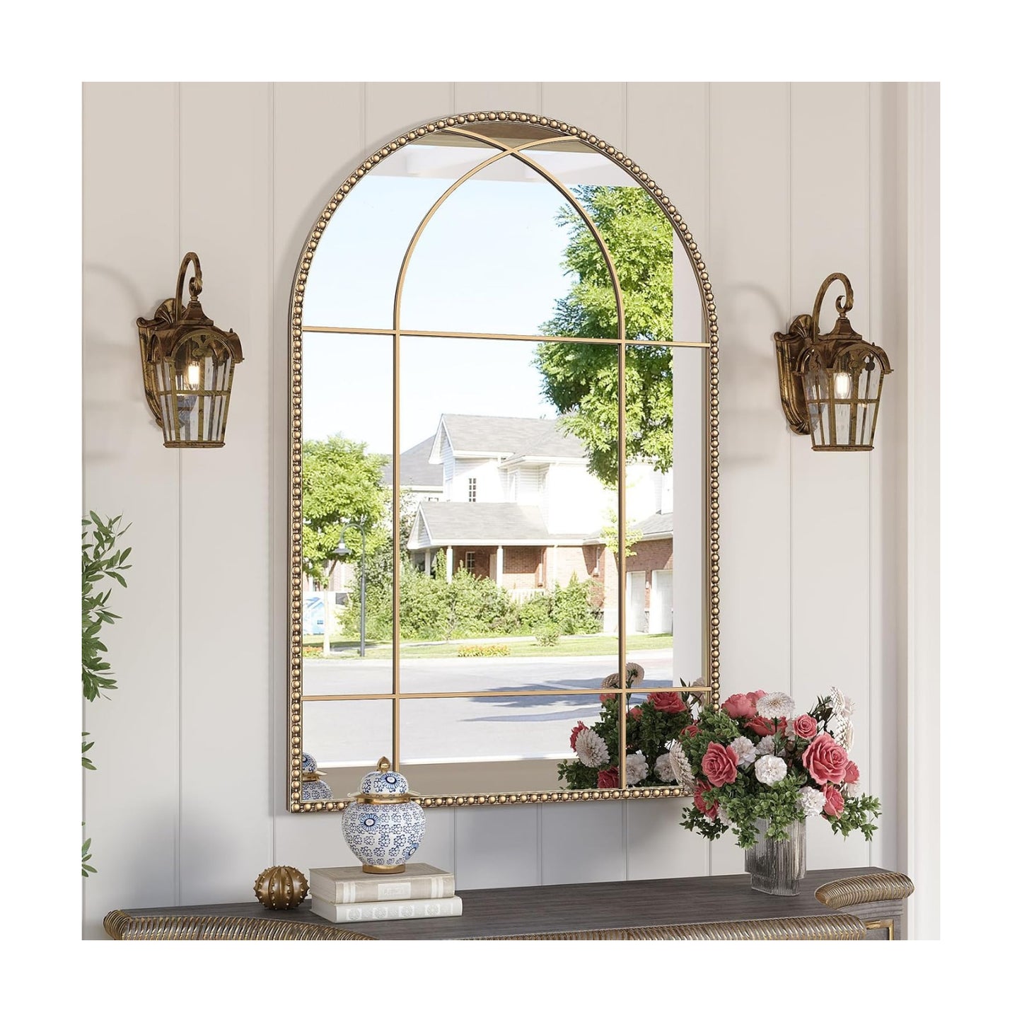 Metal Frame / Gold Arched Window Beaded Mirror / Retro Gold / 36"L x 24"W / 24 x 36
