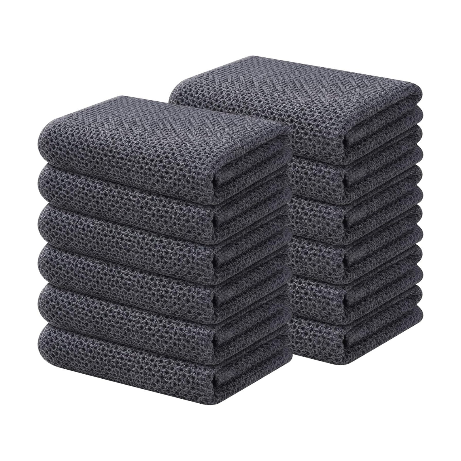 Kitinjoy 100% Cotton Waffle 12-Pack Kitchen Towels, 13" x 28", Dark Grey | Super Soft, Ultra-Absorbent, Fast Drying