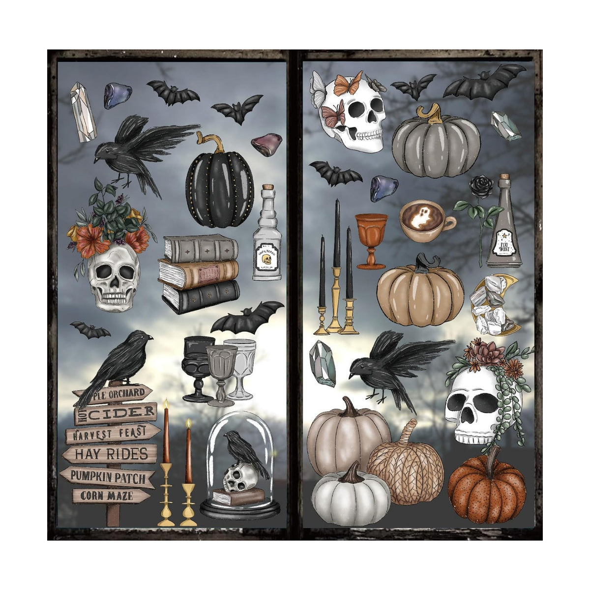 JarThenaAMCS 76Pcs Halloween Window Clings Gothic Skull Pumpkin Crow Window Sticker Double-Sided Decal for Glass Mirror Decor, 9 Sheet