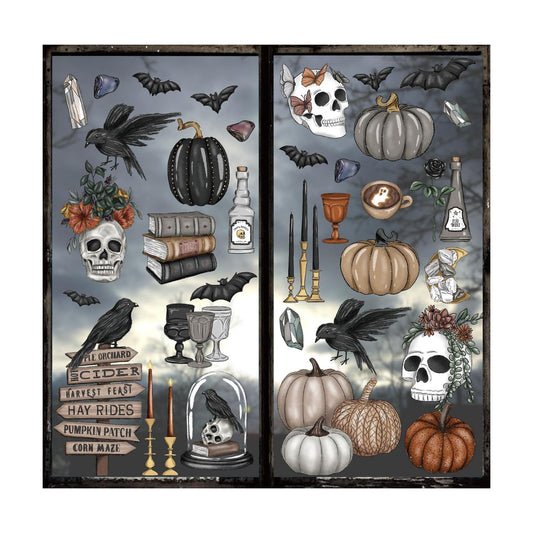 JarThenaAMCS 76Pcs Halloween Window Clings Gothic Skull Pumpkin Crow Window Sticker Double-Sided Decal for Glass Mirror Decor, 9 Sheet
