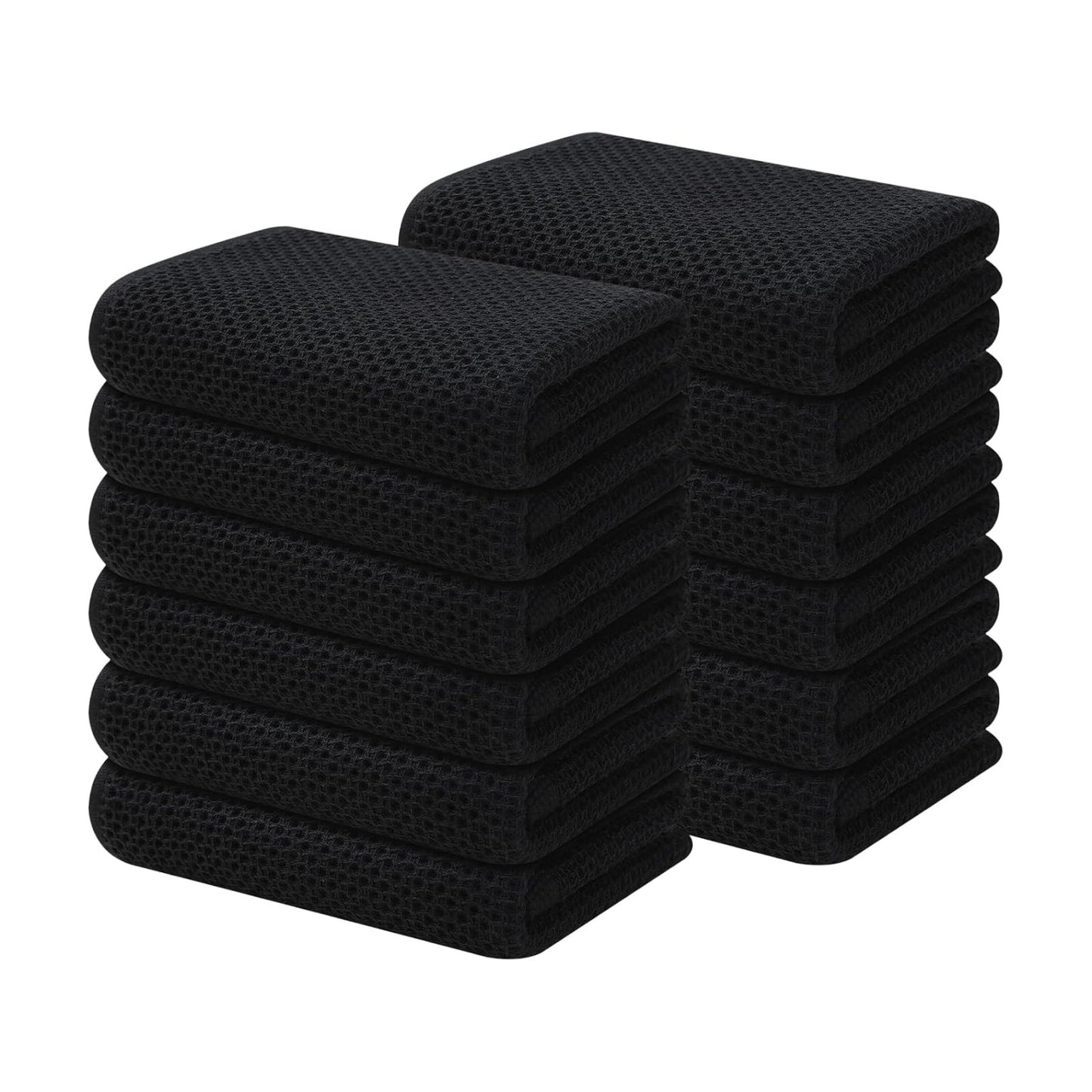 Kitinjoy 100% Cotton Waffle 12-Pack Kitchen Towels, 13" x 28", Black | Super Soft, Ultra-Absorbent, Fast Drying