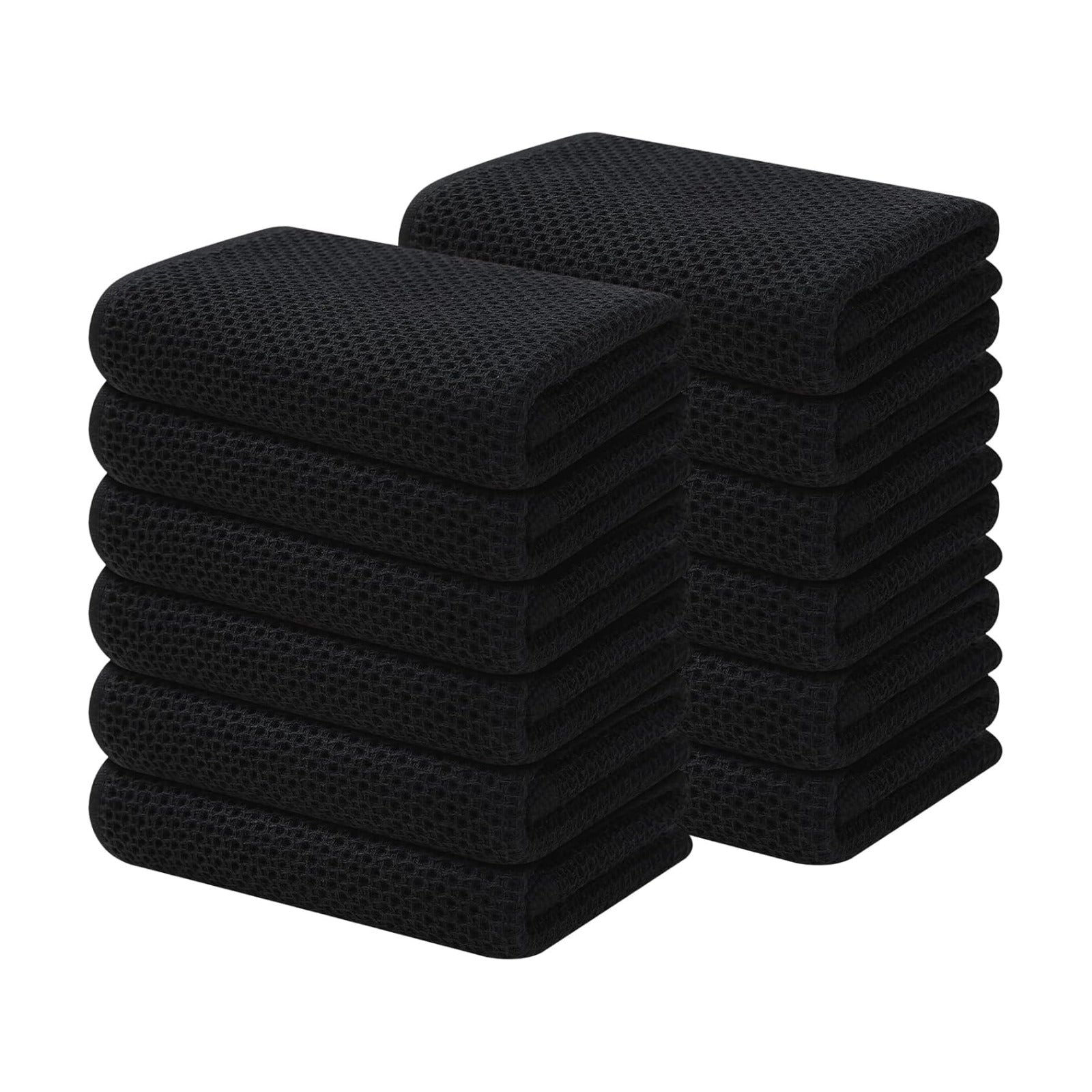Kitinjoy 100% Cotton Waffle 12-Pack Kitchen Towels, 13" x 28", Black | Super Soft, Ultra-Absorbent, Fast Drying
