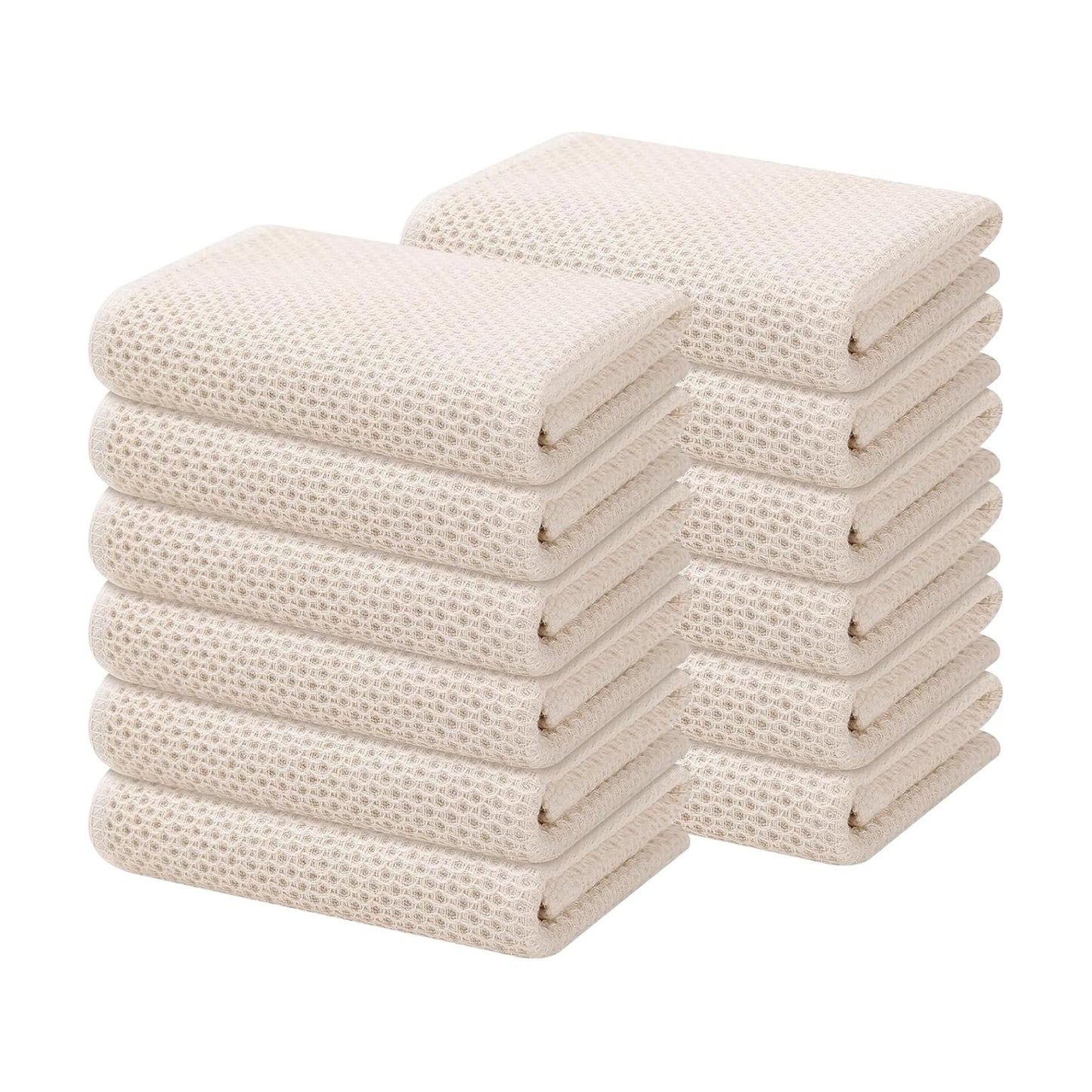 Kitinjoy 100% Cotton Waffle 12-Pack Kitchen Towels, 13" x 28", Beige | Super Soft, Ultra-Absorbent, Fast Drying