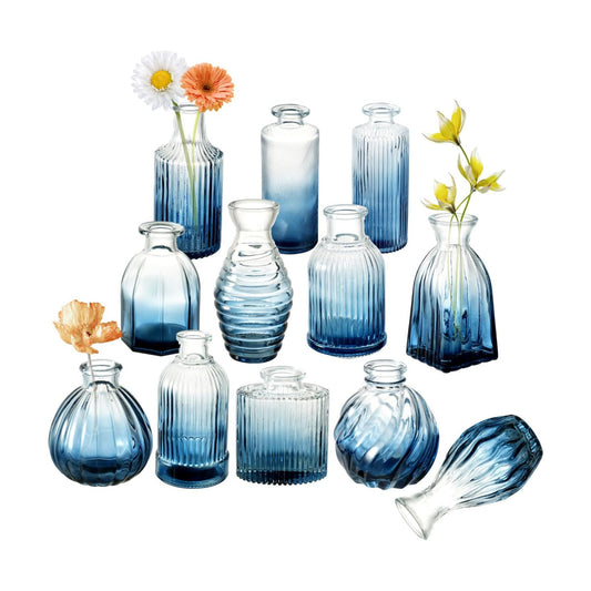 Glass Vase Vintage Flower Vase for Decor Ribbed Small Bud Vases in Bulk / Gradient Blue / Set of 12
