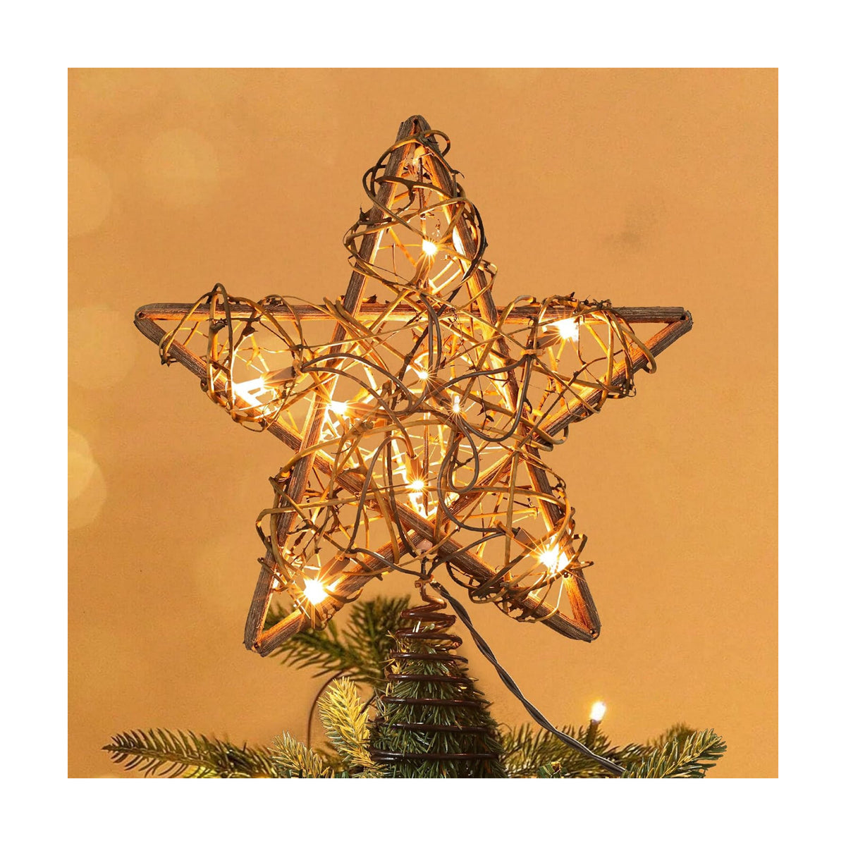 ODEETRONIC 10" Rustic Christmas Star Tree Topper, Rattan Natural Hollow