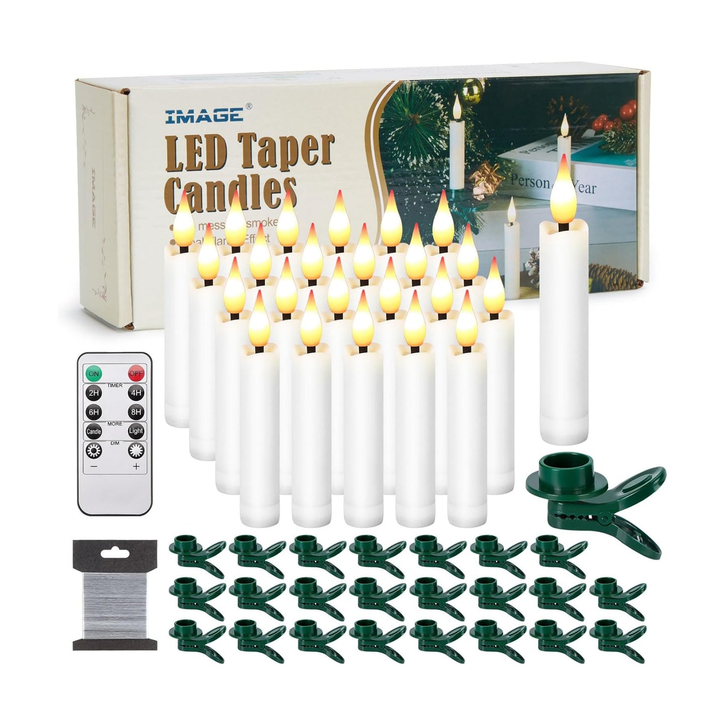 IMAGE 24Pcs LED Taper Candles Light Set Floating Effect with Fishing Line Flameless 3D Wick Ivory Candles with Clip-on