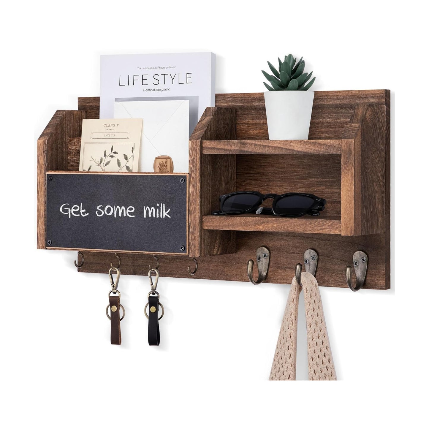 Shelf and 7 Metal Hooks / Brown