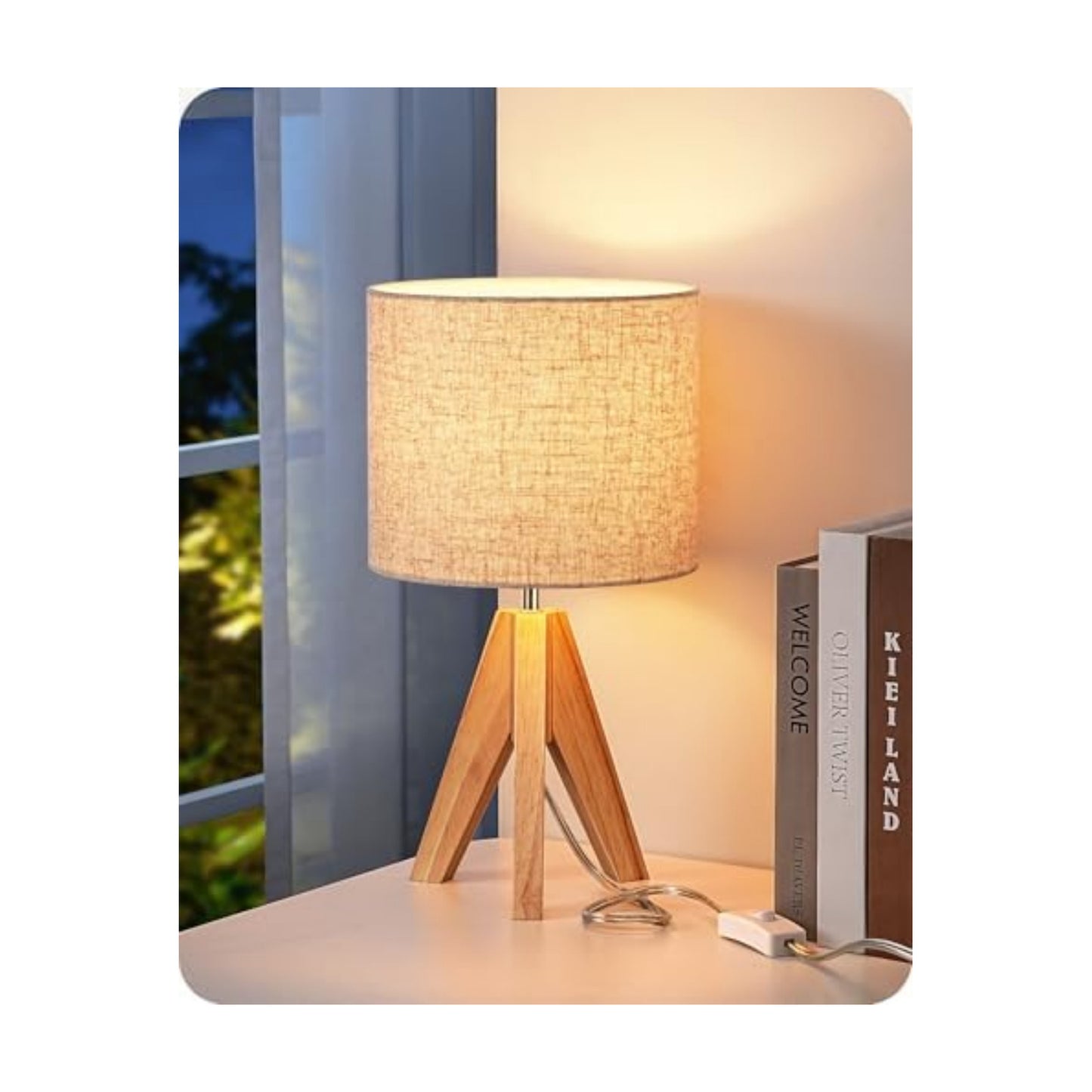 EDISHINE Small Table Lamp, Boho Bedside Lamp, Linen Fabric Shade, 14.2 Inch
