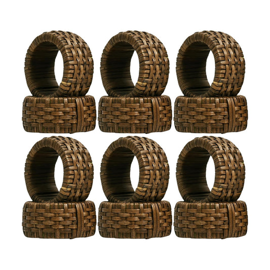 Jute Cane Napkin Rings, Woven, 12-Pack, Walnut | Plastic & cane, 2.25x2.25x1.5 in each, reusable, farmhouse, boho