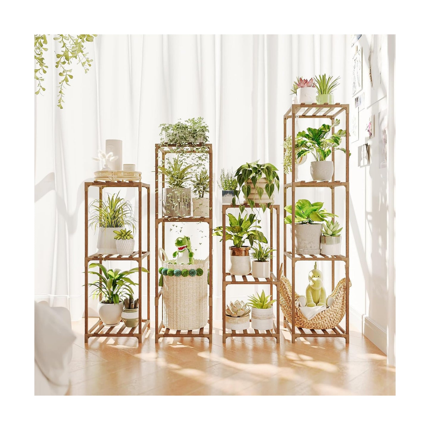 Bamworld Plant Stands Indoor 4 Sets Plant Shelves Outdoor | Tall Wooden Plant Holder for Multiple Plants Flower Stands