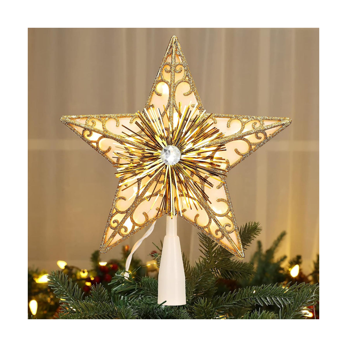 BrizLabs 9" Gold Christmas Tree Topper with 10 Lights, Lighted Star Treetop