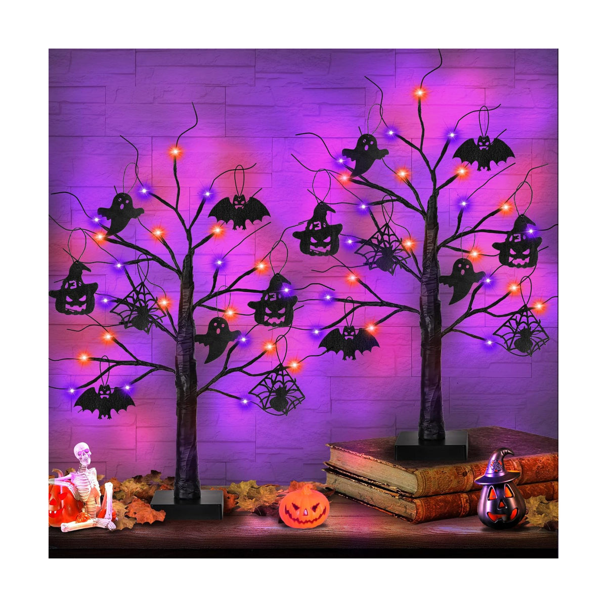 Halloween Decorations Indoor 2 Pack 24 Inch Black Halloween Tree with 24 LED Orange Purple Lights, USB/Battery Operated Halloween Table Decorations Tree Light with Timer, Scary Spooky Home Decor