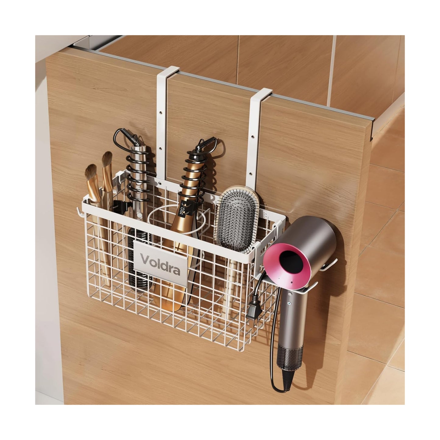 Voldra Hair Dryer Holder Cabinet Door, Adhesive Hair Tool Organizer Wall Mount Adjustable Height Blow Dryer Holder
