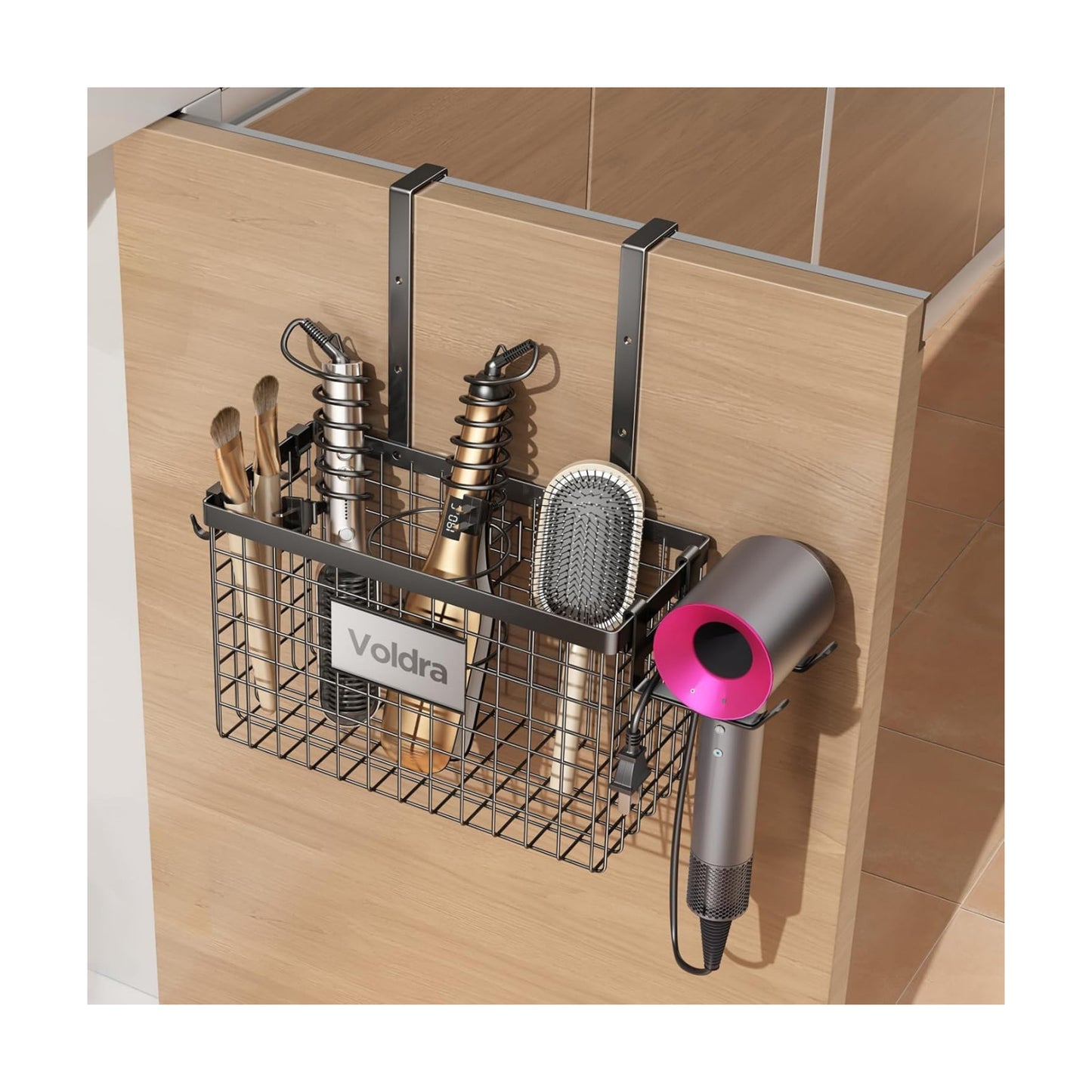 Voldra Hair Dryer Holder Cabinet Door, Adhesive Hair Tool Organizer Wall Mount Adjustable Height Blow Dryer Holder