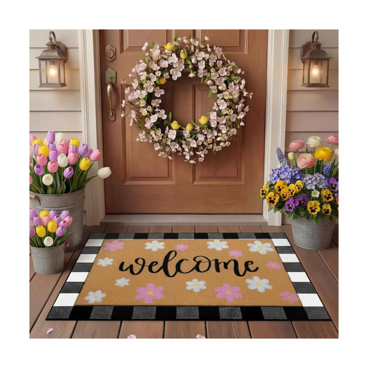 Tinideya 2 Pcs Spring Door Mat Outdoor Layered Pink Flower Welcome Mat