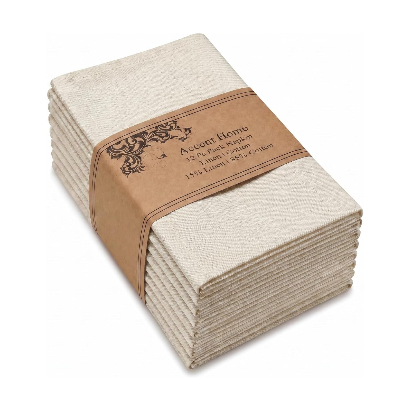 ACCENTHOME Natural Cotton Linen Napkin Set of 12 18x18 inch Dinner Napkins | Cotton Linen Blend Napkins, Machine Wash