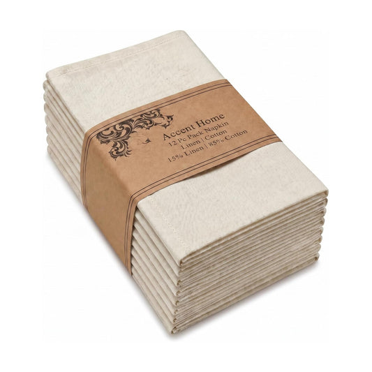 ACCENTHOME Natural Cotton Linen Napkin Set of 12 18x18 inch Dinner Napkins | Cotton Linen Blend Napkins, Machine Wash