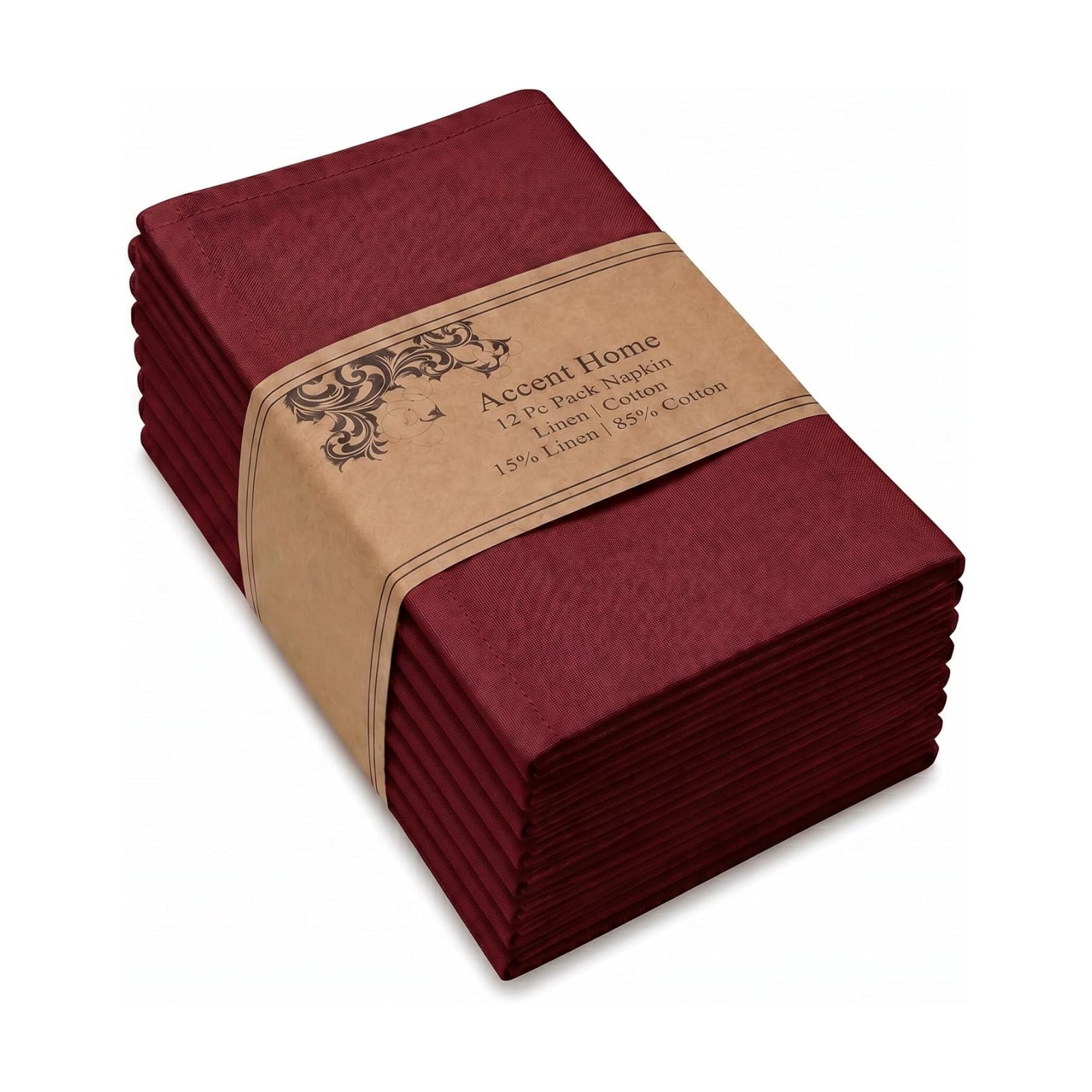 ACCENTHOME Burgundy Cotton Linen Napkin Set of 12 18x18 inch Dinner | Cotton Linen Blend Napkins, Machine Wash On
