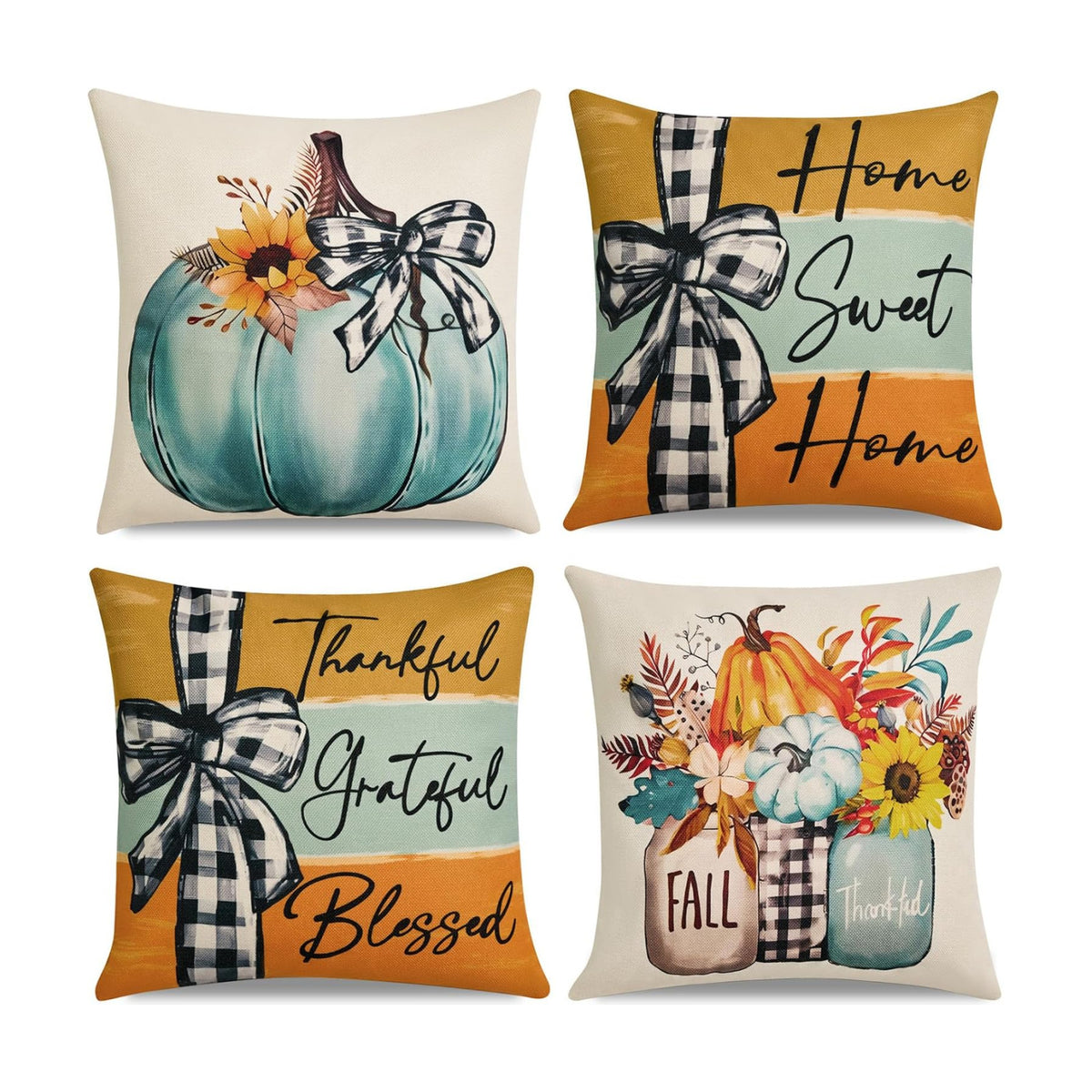 Hongsome Fall Decorations for Home-Throw Pillow Covers 18x18 in Set of 4,Pumpkin Linen Pillow Case for Thanksgiving Couch Autumn Holiday Outdoor Burnt Orange Blue White Decor