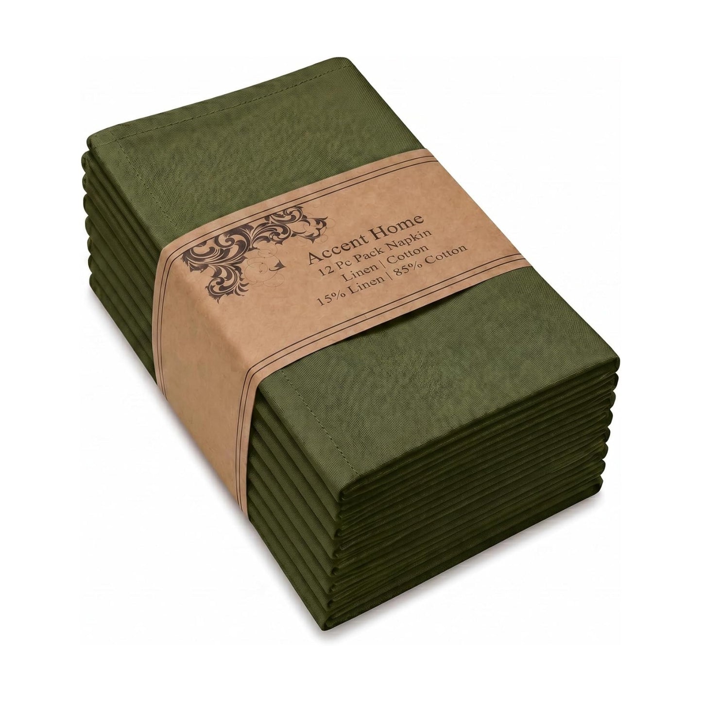 ACCENTHOME Olive Green Cotton Linen Napkin Set of 12 18x18 inch Dinner | Cotton Linen Blend Napkins, Machine Wash On