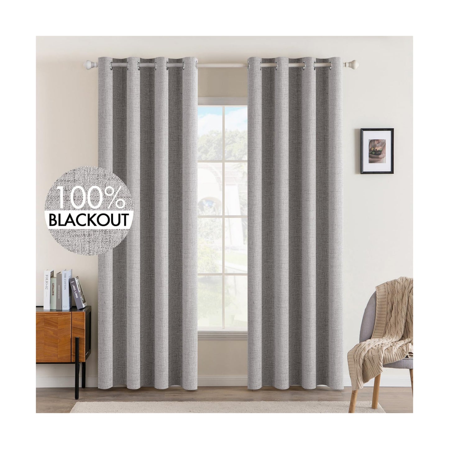 MIULEE 100% Blackout Linen Curtains for Bedroom 52x96 Inches Light Gray