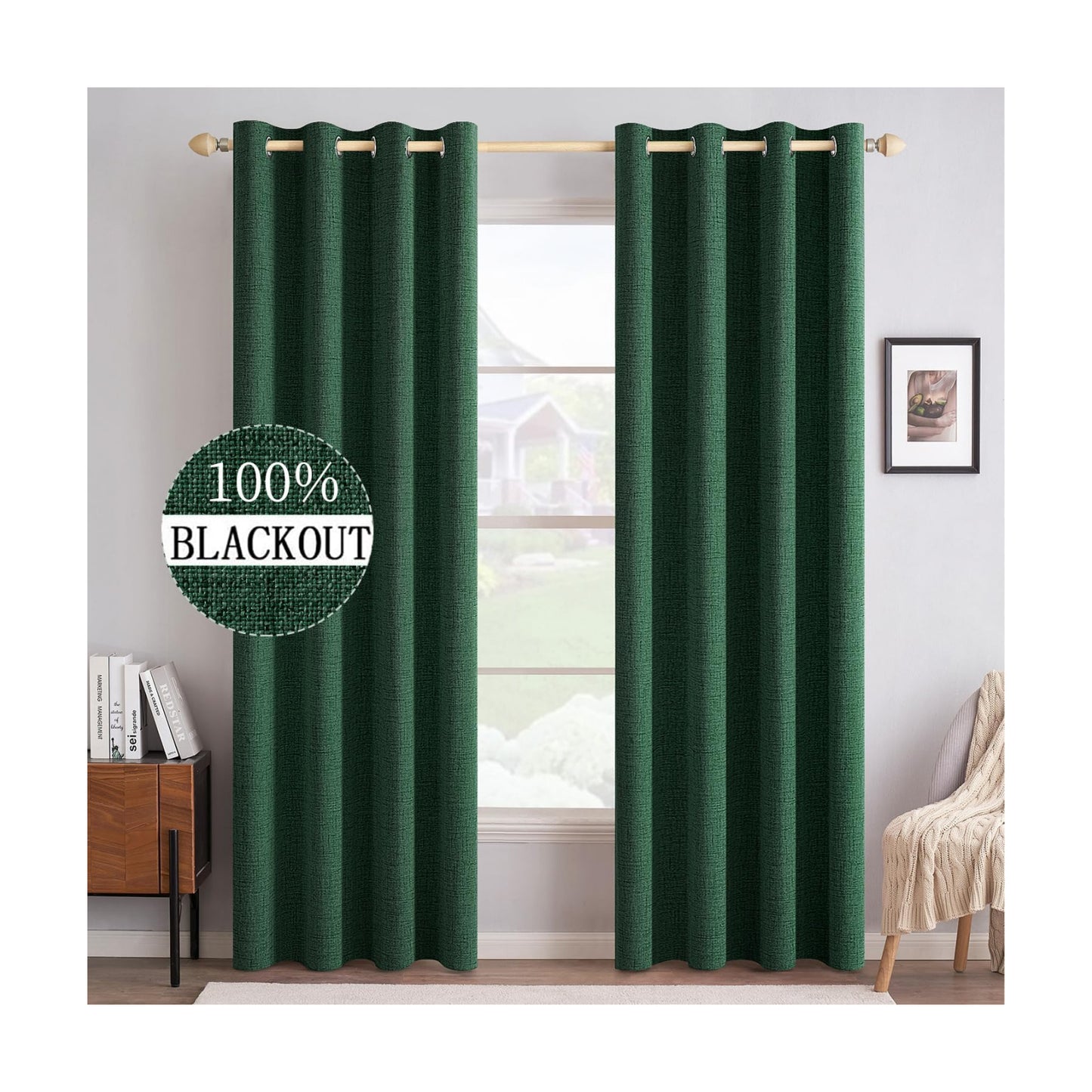 MIULEE 100% Blackout Linen Curtains for Bedroom 52x96 Inches Emerald Green