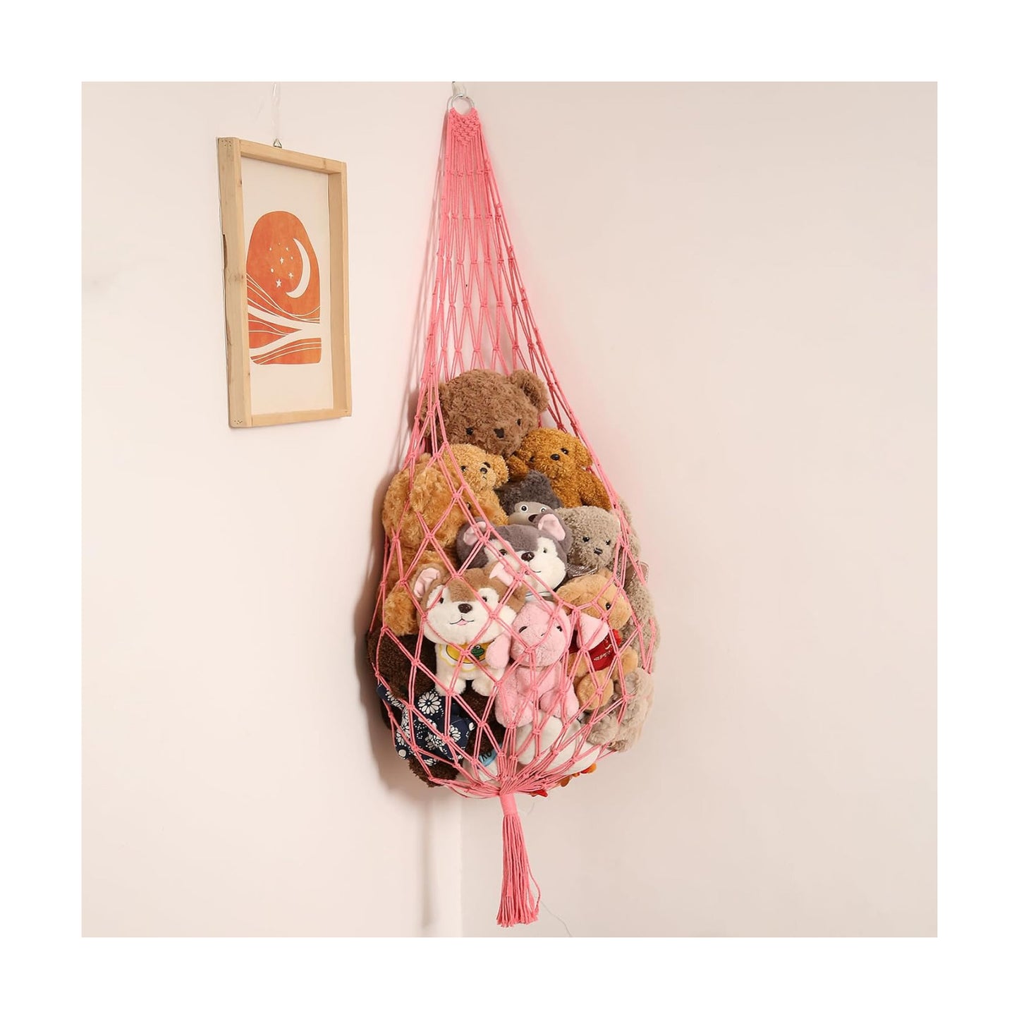 Stuffed Animal Net or Hammock Corner Hanging Net for Stuffy Animal Storage Macrame Toy / Pink / L