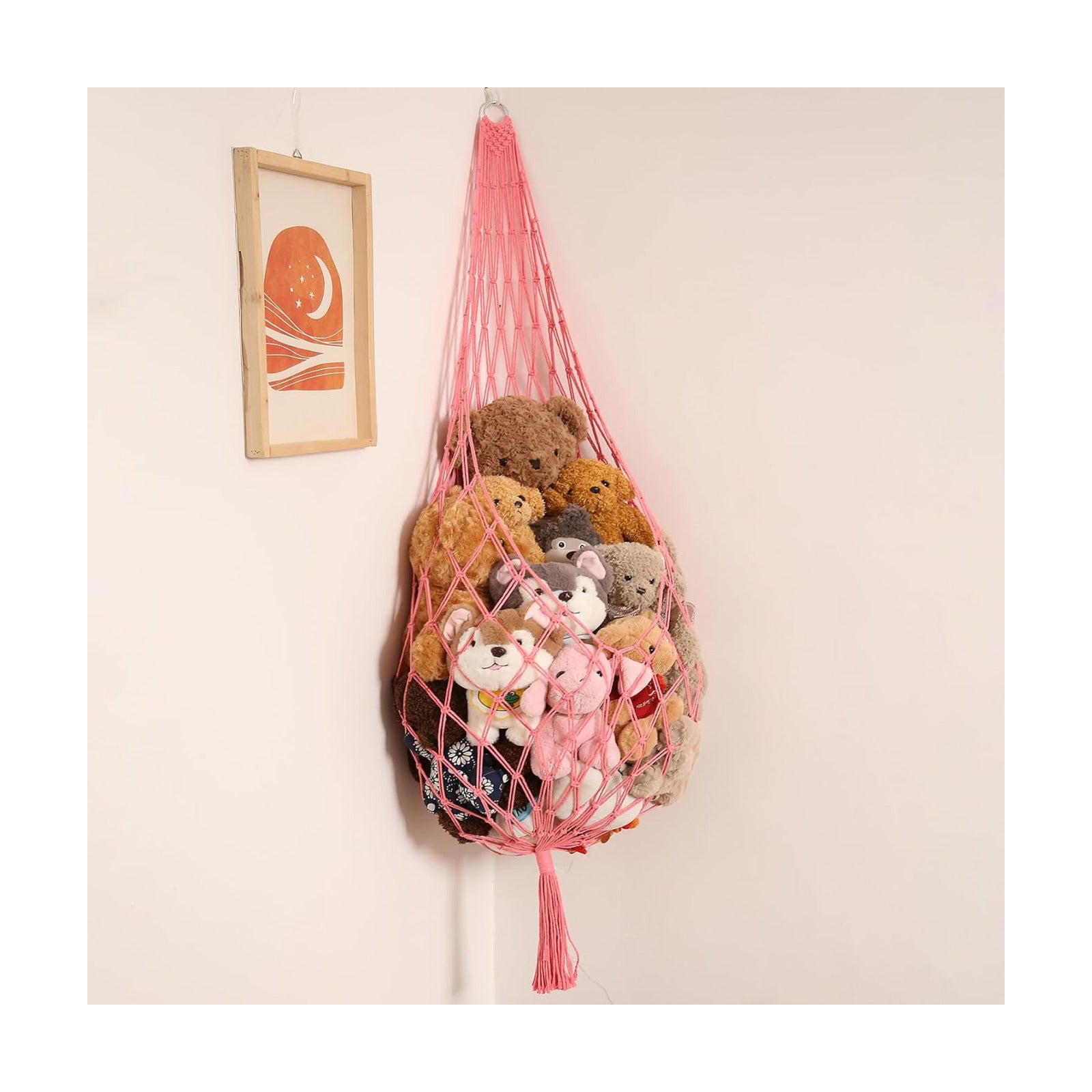 Stuffed Animal Net or Hammock Corner Hanging Net for Stuffy Animal Storage Macrame Toy / Pink / L
