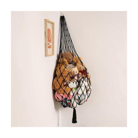 Stuffed Animal Hammock Corner Hanging Net for Stuffy Animal Storage Macrame Toy Display / Black / L