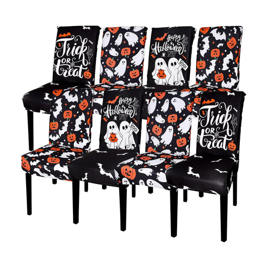 JarThenaAMCS 8Pcs Halloween Chair Covers Spooky Ghost Pumpkin Bat Dining Chair Slipcovers Black Removable Seat Covers for Home Kitchen Hotel Restaurant Decor