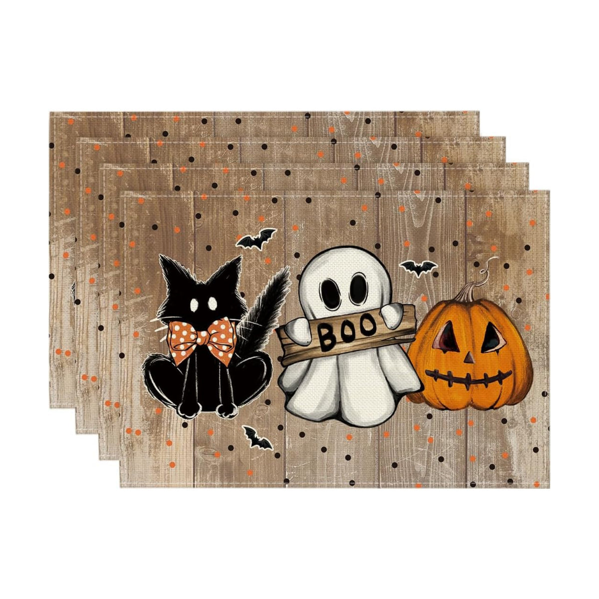 Artoid Mode Wood Polka Dot Ghost Cat Boo Halloween Placemats Set of 4, 12x18 Inch Seasonal Table Mats for Party Kitchen Dining Decoration