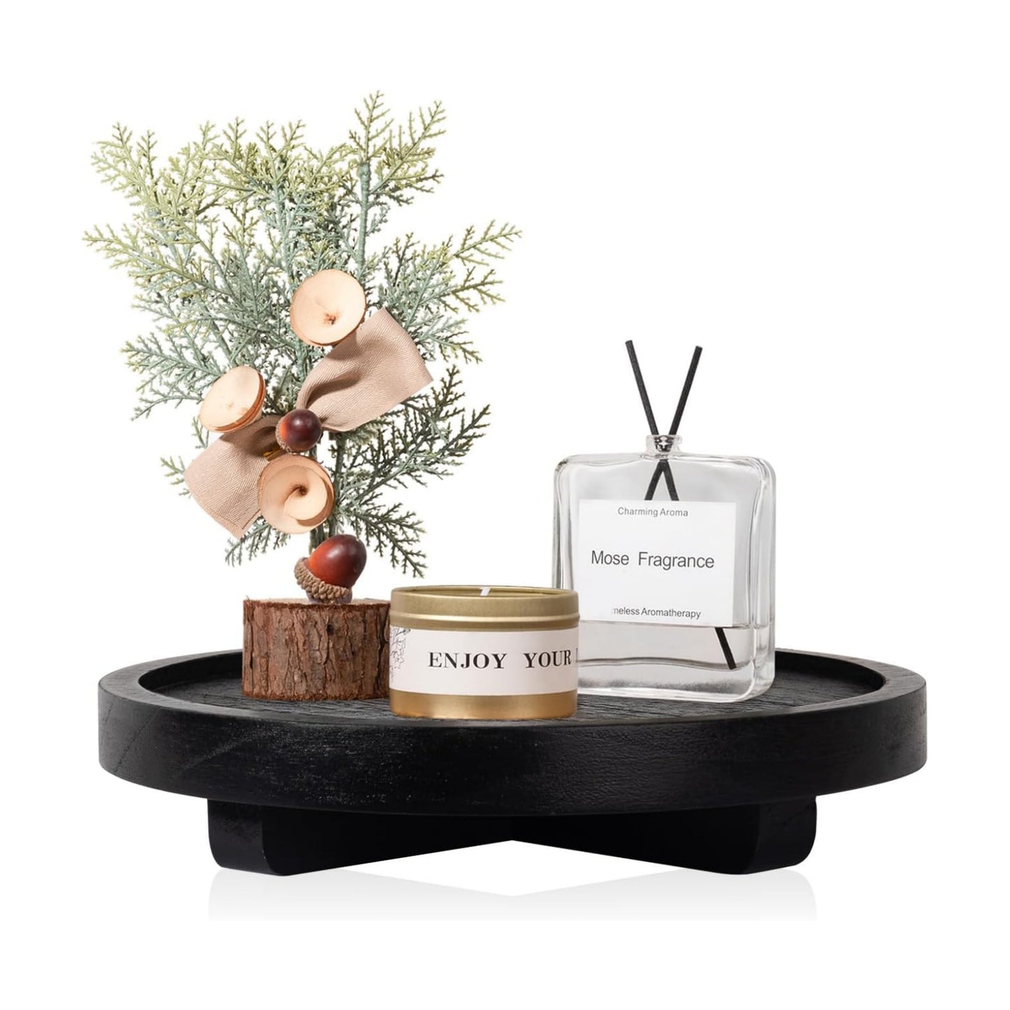 Round Decorative Tray Wood Bathroom Counter Organizer Farmhouse Kitchen Decor / Black / Set of 8