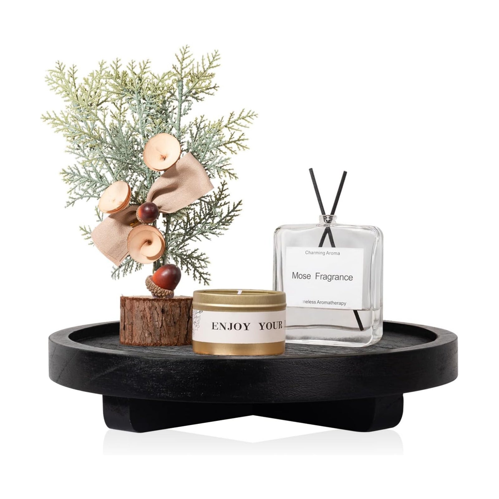 Round Decorative Tray Wood Bathroom Counter Organizer Farmhouse Kitchen Decor / Black / Set of 8