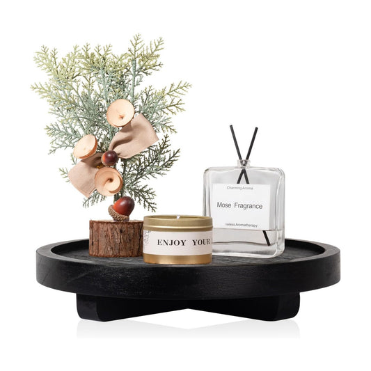 Round Decorative Tray Wood Bathroom Counter Organizer Farmhouse Kitchen Decor / Black / Set of 8