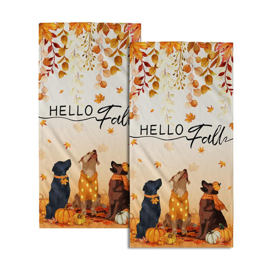 Giwawa Fall Dogs Hand Towels for Bathroom Set of 2 Autumn Leaves Soft Absorbent Small Bath Towels Holiday Decorative