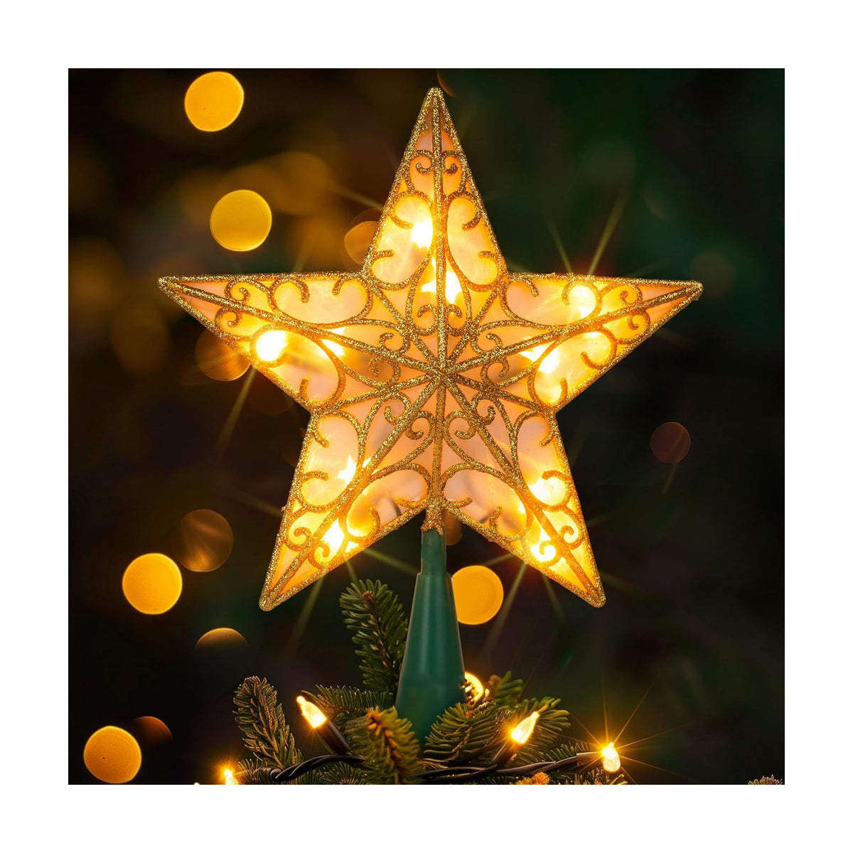 Dazzle Bright 11'' Star Tree Topper, Glitter Christmas Tree Top with 10 Lights, Xmas Tree Decoration (Gold)