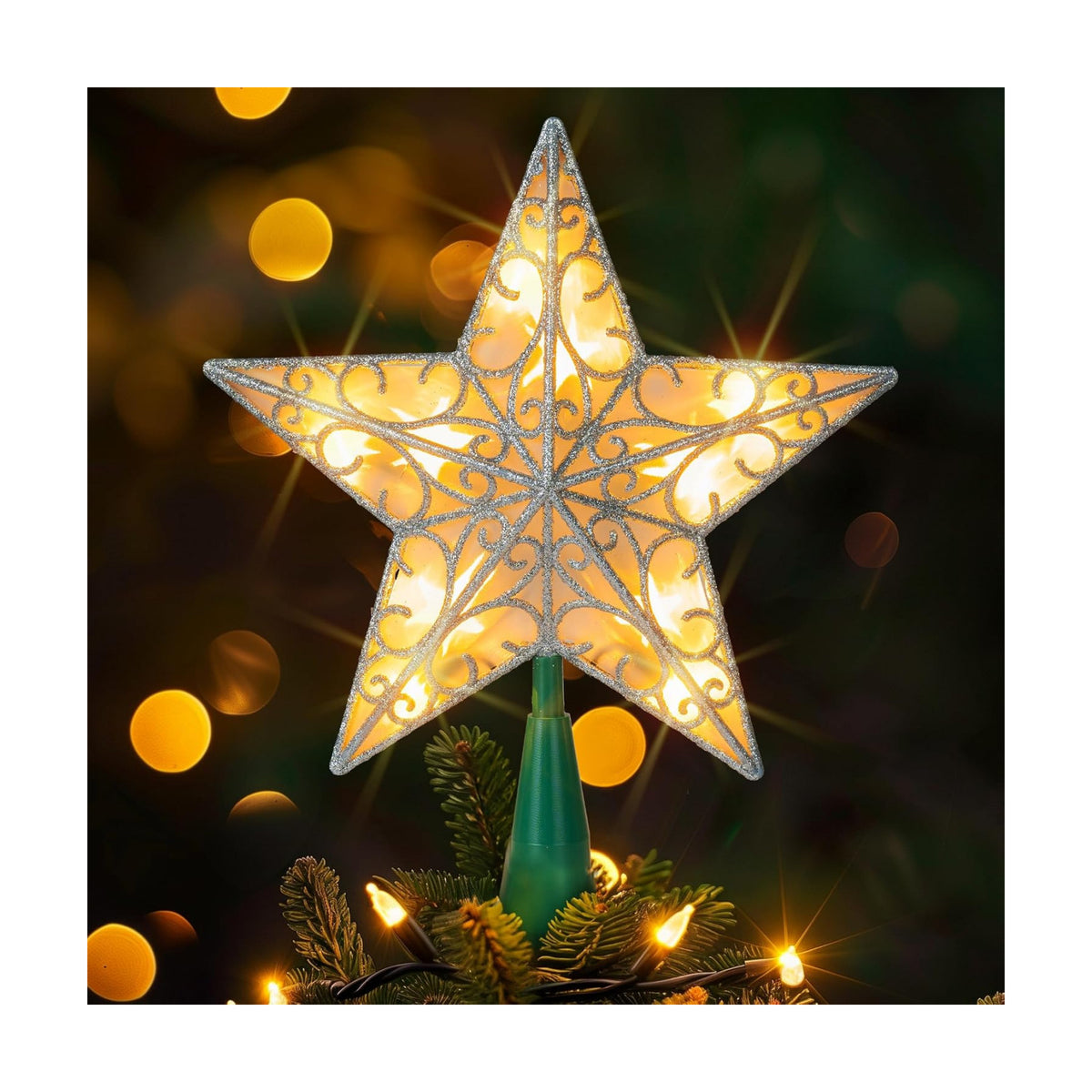 Dazzle Bright 11 Inch Star Tree Topper, Lighted Glitter Christmas Treetop with 10 Lights, Christmas Decorations for Xmas Tree Home Bar Shop (Silver)