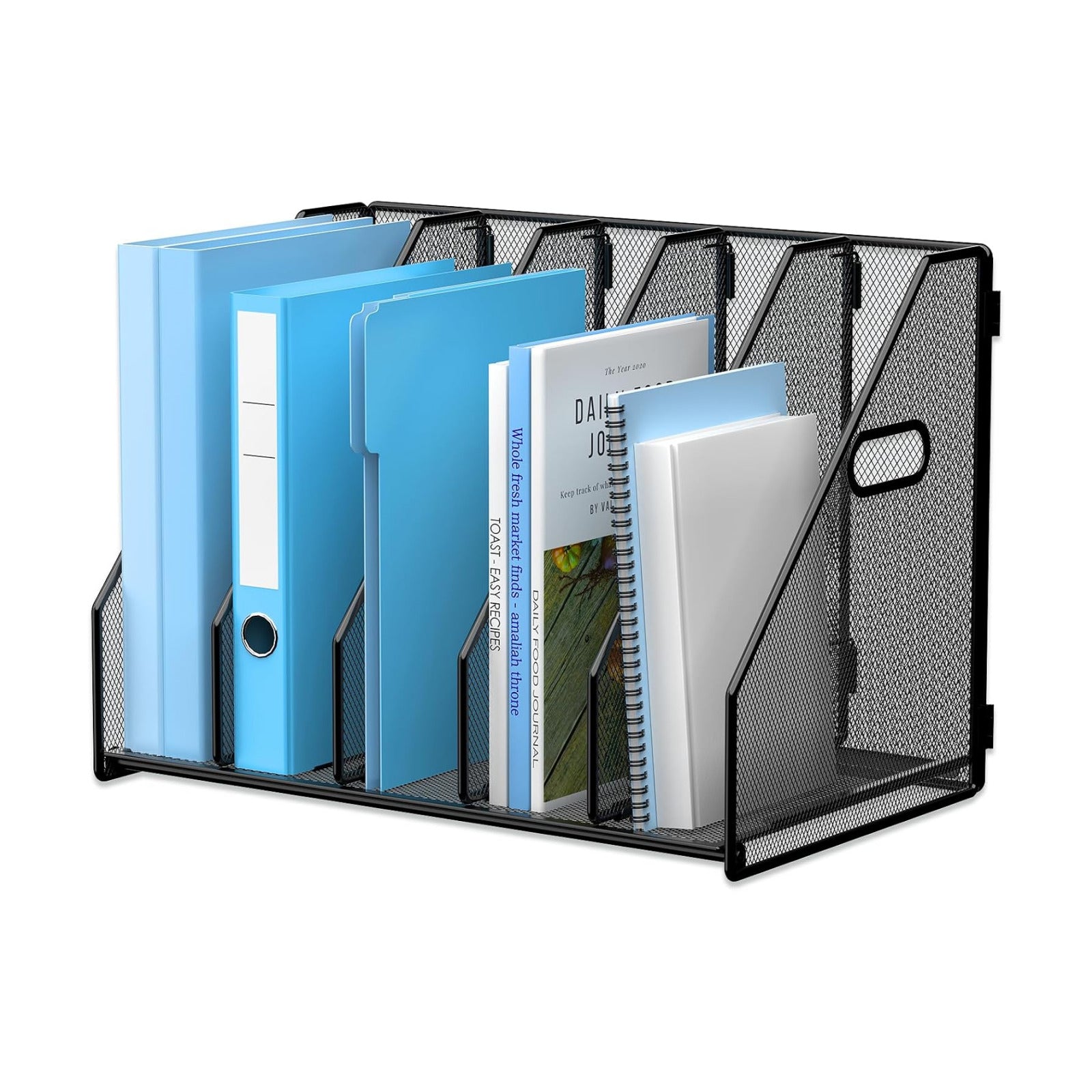 MINDEPOT Desk File Organizer Folder Holder with 5 Vertical for Office Black | Sturdy Metal Mesh, Magazine Folder