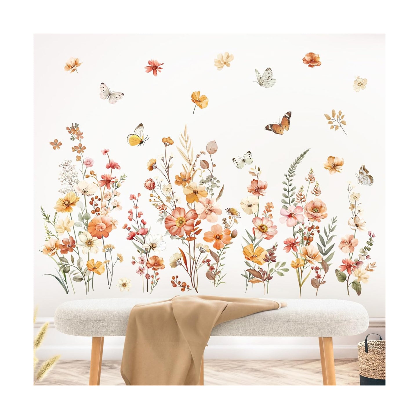Boho Flower Wall Decals Garden Floral Butterflies Wall Stickers Girls Bedroom Living / Wildflower