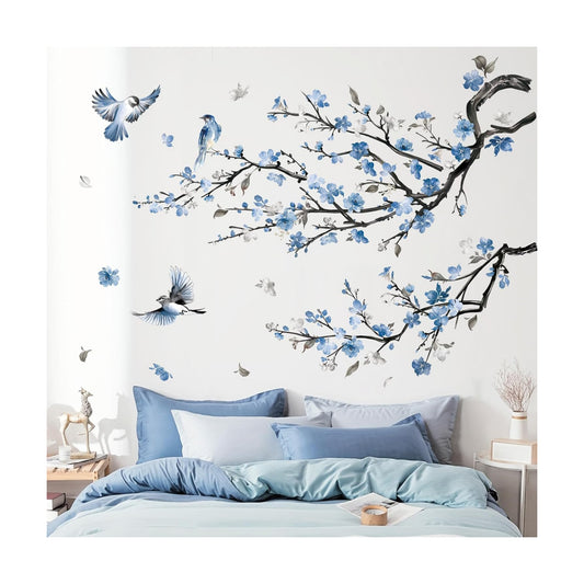 Watercolor Flower Branch Wall Decals Blossom Tree Branch Floral Wall Stickers Bedroom Living / Blue
