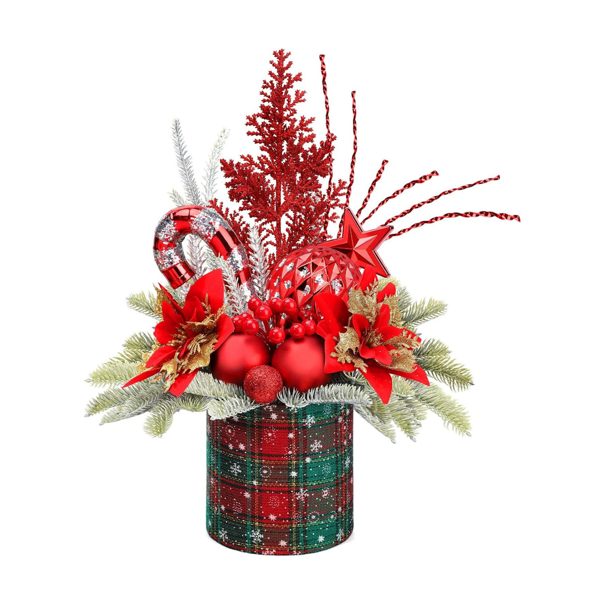Small Christmas Tree Tabletop Artificial Mini Christmas Tree Decorations with Holiday Ornaments Red Berry Pine Cone Greenery for Home Indoor Fireplace Mantel Xmas Decor (Large-Round-Red)