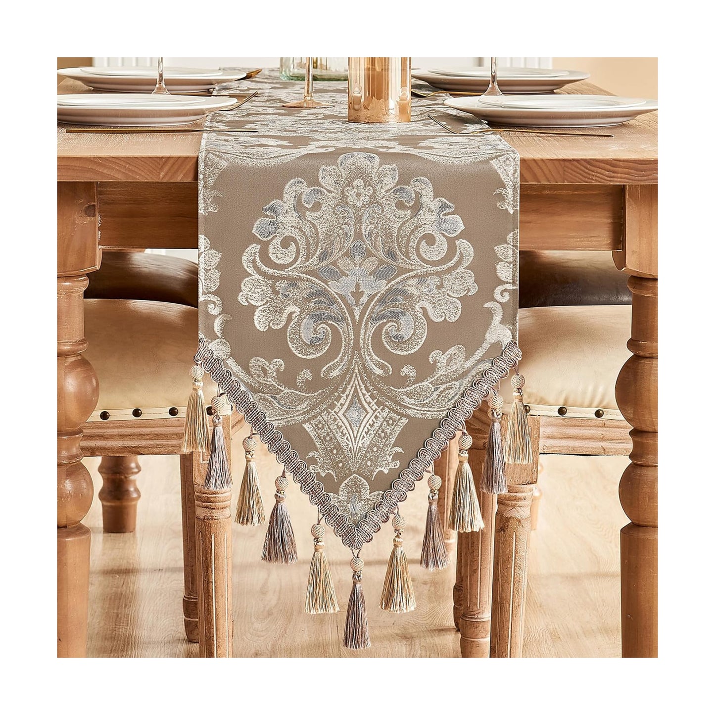 Loom and Mill Damask Floral Table Runner 72 Inches Long, Light Coffee | Luxury Jacquard Dining Table Runner with